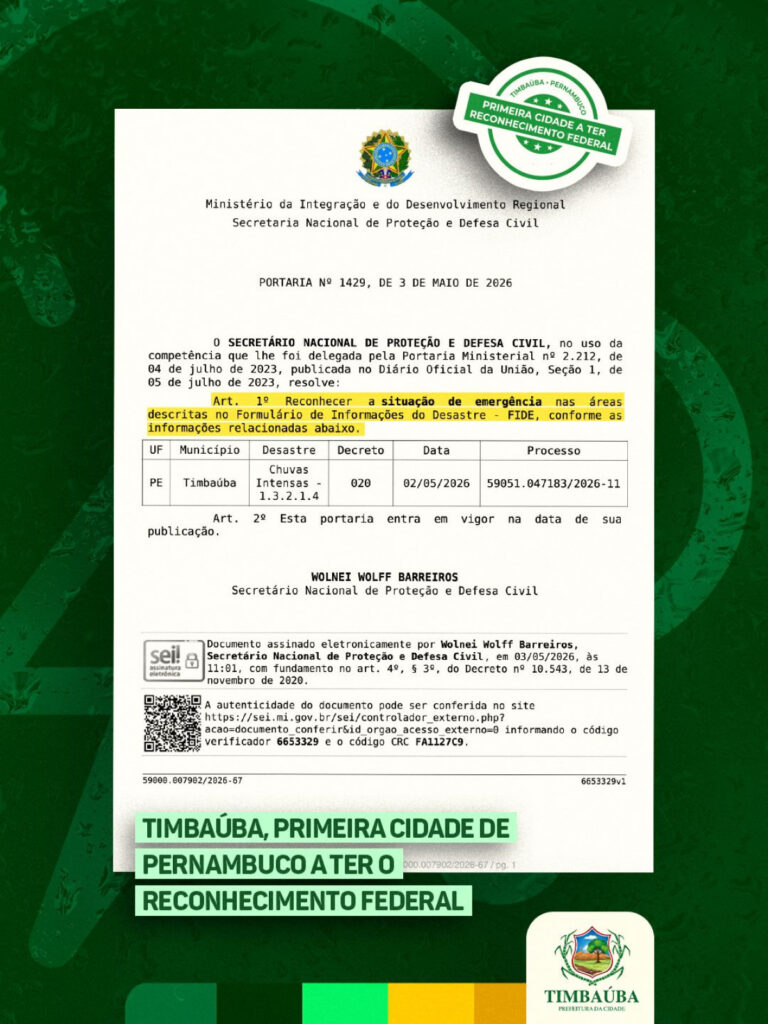 Timbaúba é a primeira cidade reconhecida e visitada pela Defesa Civil Nacional após fortes chuvas