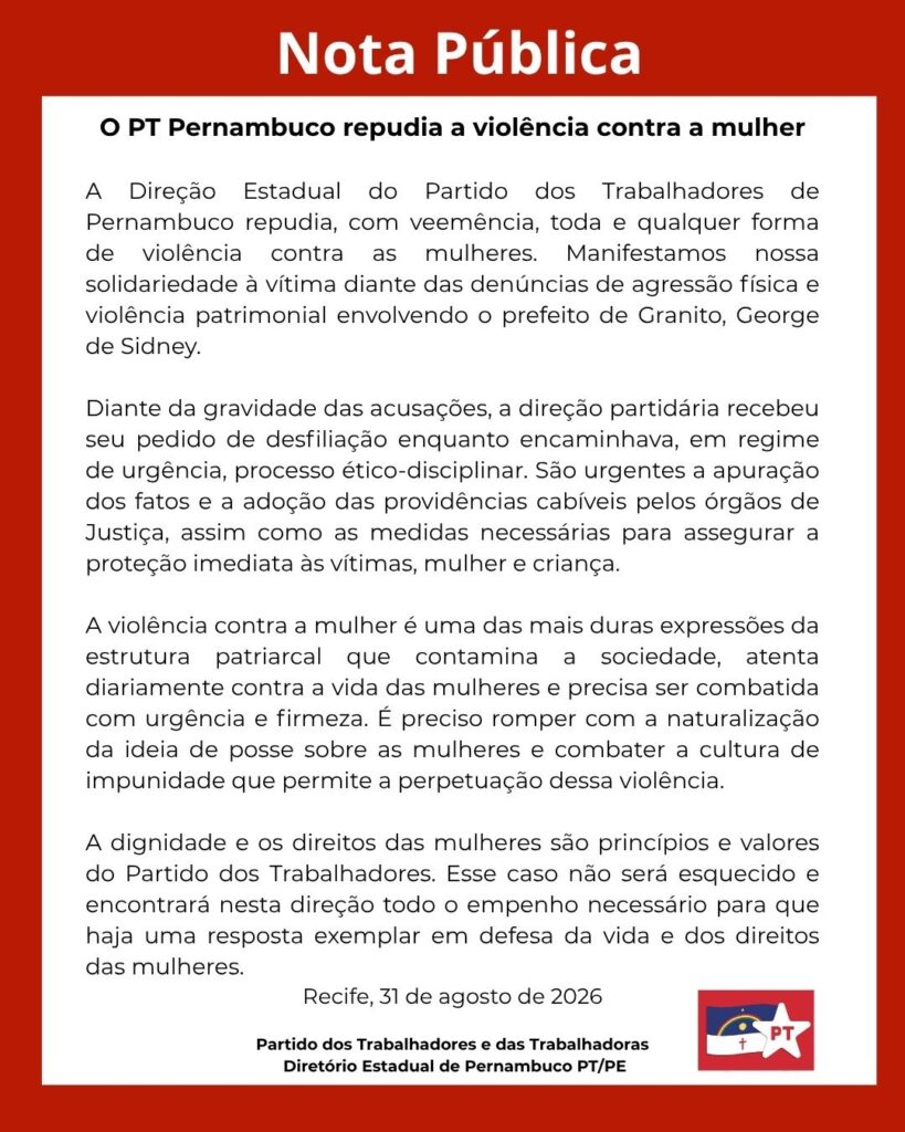 O PT Pernambuco repudia a violência contra a mulher